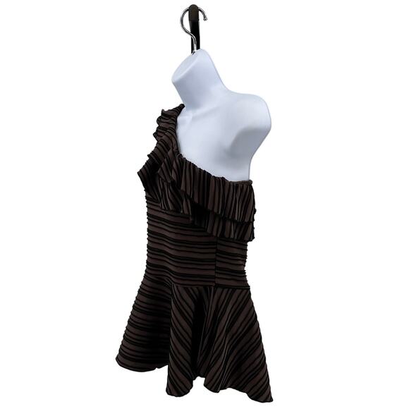 BOA John One Shoulder Blouse Womens L Brown/Black Ruffled Peplum Hem Striped Top - Picture 4 of 6